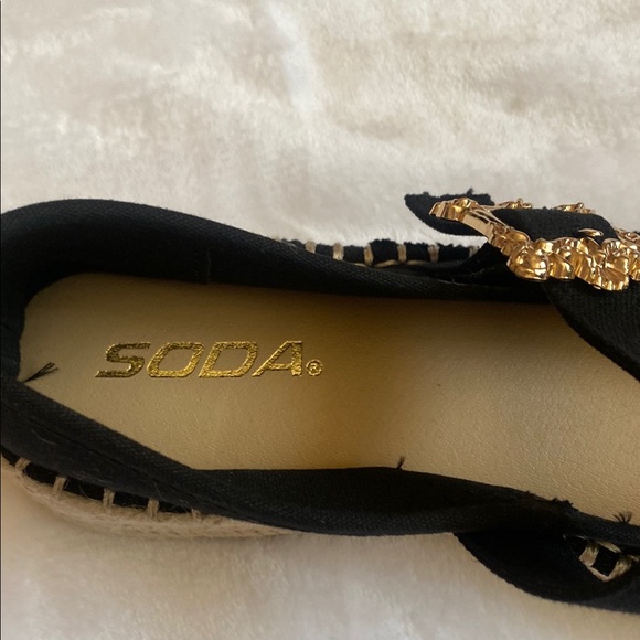 Soda Black Espadrille Flats with Gold Buckle - Picture 5 of 8
